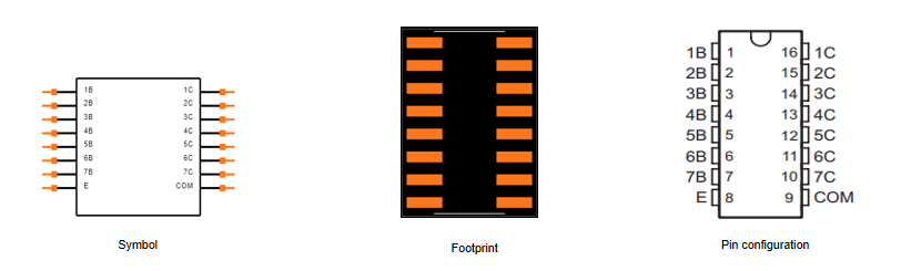 Symbol, footprint and pin configuration of ULN2003ADR